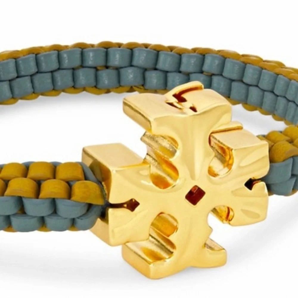 NWT Tory Burch Authentic Roxanne Goldtone & Green Yellow Leather Woven Bracelet